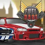 빨간색 차량과 파란색 차량이 도시의 실루엣을 배경으로 앞에 있고, 오른쪽 상단에는 “FUEL RAGE” 로고가 있습니다