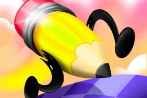 연필 모양의 캐릭터가 팔과 다리가 생겨서 하늘색 체크 무늬 배경 위를 뛰어가고 있는 모습