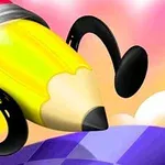 연필 모양의 캐릭터가 팔과 다리가 생겨서 하늘색 체크 무늬 배경 위를 뛰어가고 있는 모습