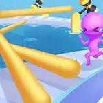 보라색 캐릭터가 물 위의 플랫폼 위를 달리고 있으며, 노란색 장벽이 설치되어 있다