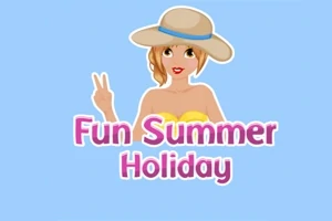 여름 모자를 쓴 여성이 손으로 브이 표시를 하고 있으며 Fun Summer Holiday라는 글자가 있습니다