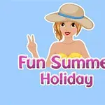 여름 모자를 쓴 여성이 손으로 브이 표시를 하고 있으며 Fun Summer Holiday라는 글자가 있습니다