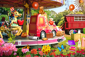 회전목마 위에 장난감 동물과 풍선이 있는 놀이공원 풍경