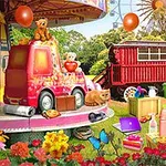 회전목마 위에 장난감 동물과 풍선이 있는 놀이공원 풍경