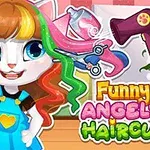 고양이 캐릭터가 다채로운 색상의 머리카락을 가지고 미소를 짓고 있으며, 헤어드라이어와 가위가 주변에 배치되어 있습니다