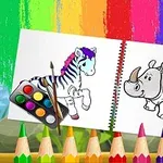 색연필과 팔레트가 있는 배경에 얼룩말과 코뿔소 그림이 그려진 두 개의 스케치북