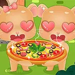 두 마리의 귀여운 만화 동물들이 사랑에 빠진 표정으로 피자를 들고 있는 모습