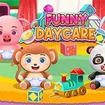 귀여운 동물 캐릭터들인 원숭이, 판다, 코끼리, 돼지가 장난감 기차와 함께 어린이 놀이방에 앉아 있는 모습