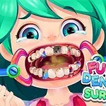 녹색 머리와 울고 있는 눈을 가진 소녀가 치과용 기구로 입을 벌리고 있는 모습