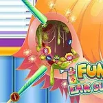 만화 스타일의 귀 수술 장면과 다양한 도구 및 텍스트가 포함된 일러스트