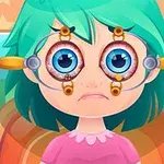 눈을 크게 뜬 녹색 머리를 가진 캐릭터가 의료 도구를 착용한 모습