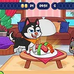 강아지와 고양이가 거실 테이블 위에 있는 요리를 바라보고 있는 장면