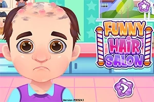 슬픈 표정을 짓고 있는 캐릭터와 FUNNY HAIR SALON이라는 텍스트가 있는 만화 스타일의 이미지