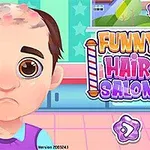 슬픈 표정을 짓고 있는 캐릭터와 FUNNY HAIR SALON이라는 텍스트가 있는 만화 스타일의 이미지