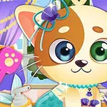 큰 눈을 가진 고양이가 장식된 방에서 리본을 쓰고 있는 모습