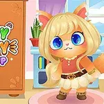 귀엽게 옷을 입은 큰 파란 눈의 아기 고양이 캐릭터가 서 있는 모습