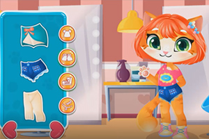 화려한 빨간 머리를 가진 의인화된 고양이 캐릭터가 다양한 의상 아이콘이 있는 드레스룸 앞에 서 있다