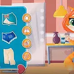 화려한 빨간 머리를 가진 의인화된 고양이 캐릭터가 다양한 의상 아이콘이 있는 드레스룸 앞에 서 있다