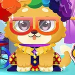 알록달록한 곰 인형이 커다란 안경을 쓰고 광대 의상을 입고 있는 모습