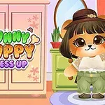 귀여운 강아지가 모자와 옷을 입고 방 안에 서 있는 모습