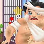 부상을 입고 붕대로 감싸인 채 깜짝 놀란 표정을 짓고 있는 캐릭터