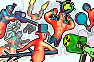 화려한 색상과 장난스러운 디자인의 캐릭터들이 다양한 무기와 아이템을 들고 있는 모습