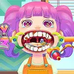 카툰 스타일의 소녀가 입을 크게 벌리고 있고, 의료 기구들이 그녀의 입가에 놓여 있는 장면