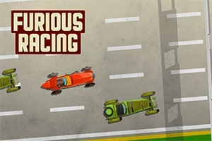 도로 위를 달리는 세 대의 레이싱 자동차와 Furious Racing 텍스트