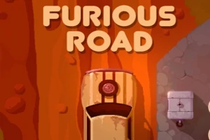 노란색 자동차가 붉은 갈색 도로를 달리고 있으며, 상단에 FURIOUS ROAD라는 글자가 보입니다