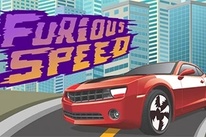 고층 빌딩 배경 앞에 빨간 스포츠카와 FURIOUS SPEED라는 문구가 있는 장면