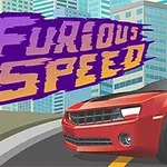 고층 빌딩 배경 앞에 빨간 스포츠카와 FURIOUS SPEED라는 문구가 있는 장면