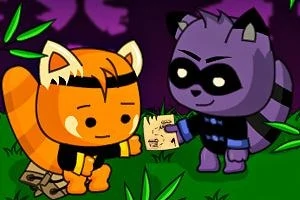 주황색 레서판다와 보라색 너구리가 숲 속에서 종이를 들고 서로 마주 보고 있다