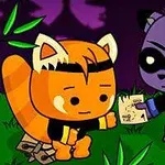 주황색 레서판다와 보라색 너구리가 숲 속에서 종이를 들고 서로 마주 보고 있다