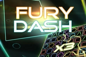 FURY DASH 텍스트와 함께 다채로운 색상의 네온 그래픽과 격자무늬 패턴이 있는 이미지