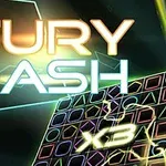 FURY DASH 텍스트와 함께 다채로운 색상의 네온 그래픽과 격자무늬 패턴이 있는 이미지
