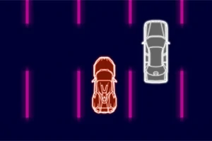 어두운 배경에 두 대의 차가 형광색 네온 선으로 그려져 도로 위에 있는 모습