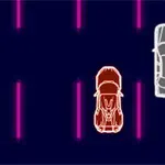 어두운 배경에 두 대의 차가 형광색 네온 선으로 그려져 도로 위에 있는 모습