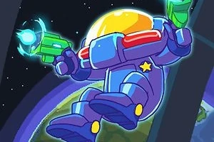 우주복을 입고 레이저 총을 든 채 우주에 떠 있는 캐릭터의 모습