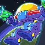 우주복을 입고 레이저 총을 든 채 우주에 떠 있는 캐릭터의 모습