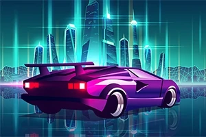 보라색 스포츠카가 미래지향적인 도시를 배경으로 서 있는 장면