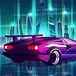 보라색 스포츠카가 미래지향적인 도시를 배경으로 서 있는 장면