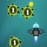 우주 배경에서 날아다니는 우주선과 회전하는 별 모양 노란 표시