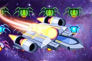 우주를 배경으로 빠르게 비행하는 우주선과 주변의 외계 생명체