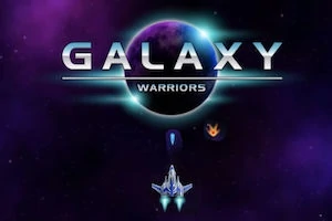 보라색 우주 배경에 GALAXY WARRIORS라는 텍스트와 함께 우주선이 중앙에 있는 이미지