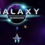 보라색 우주 배경에 GALAXY WARRIORS라는 텍스트와 함께 우주선이 중앙에 있는 이미지