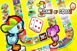 알록달록한 보드 게임 위에 주사위와 모자 쓴 오리 캐릭터들이 있는 밝은 이미지