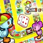 알록달록한 보드 게임 위에 주사위와 모자 쓴 오리 캐릭터들이 있는 밝은 이미지