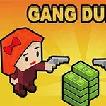 한 남자와 한 여자가 총을 겨누고 있으며, 가운데에 돈다발이 있는 모습