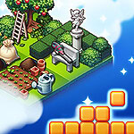 나무와 정원이 있는 작은 섬과 주황색 블록들이 하늘에 떠 있는 이미지