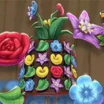 꽃으로 장식된 화분과 알록달록한 꽃, 나비 모양 로고